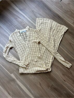 Rumored Cream crochet knit maxi dress with vertical ribbed texture